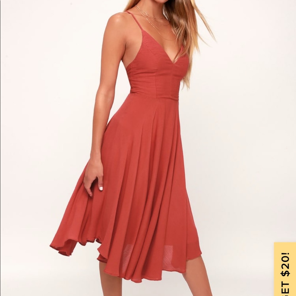 Lulus - Troulos Rust Red Lace-Up Midi Dress XS